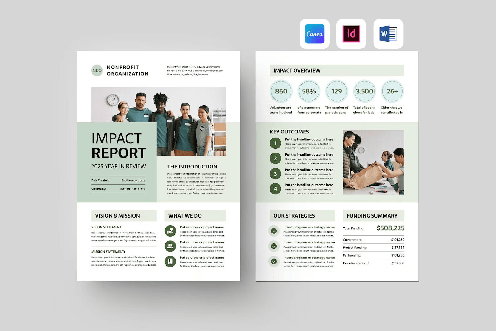 Impact Report Template | Nonprofit Annual Report | Year in Review One Pager | (Canva, MS Word, InDesign)