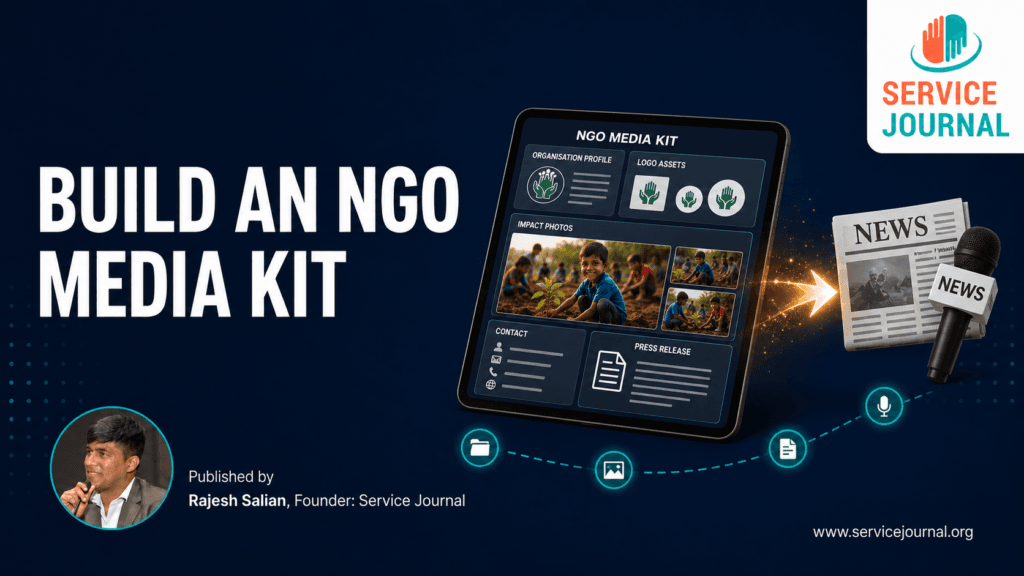 Build an NGO media kit featuring a digital press kit, impact photographs, press release, media symbols and Service Journal branding.