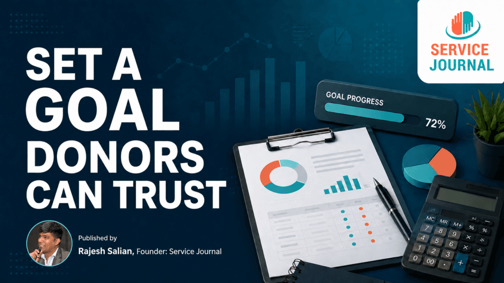 Crowdfunding target jar, project checklist and progress chart illustrating a trustworthy NGO fundraising goal.