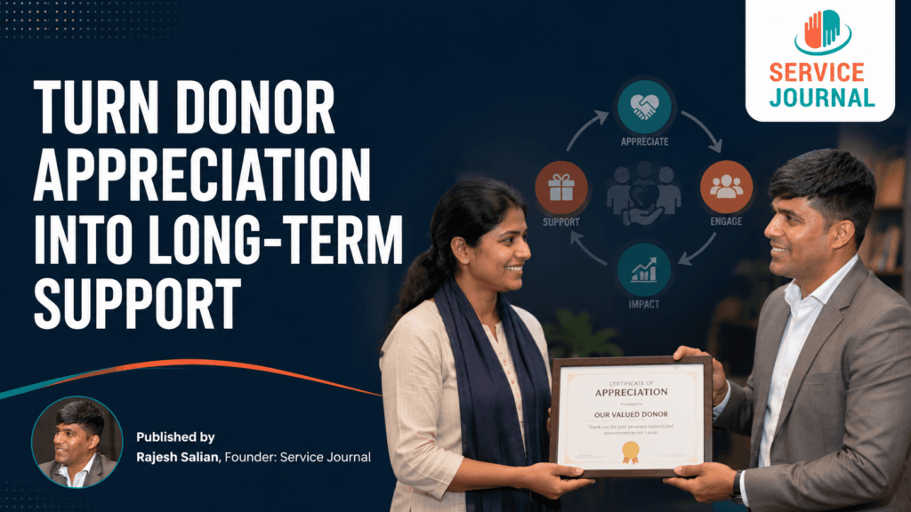 Indian NGO representative presenting an appreciation certificate to a donor, with Service Journal branding.