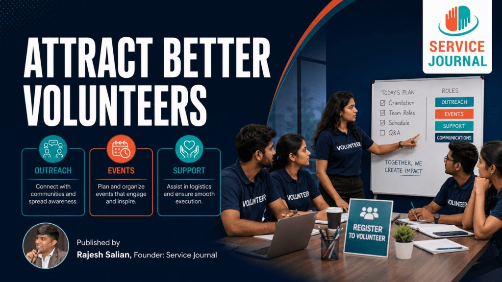 Indian NGO coordinator explaining clearly defined volunteer roles to a diverse group, with Service Journal branding.