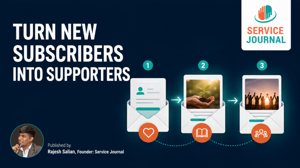 Email welcome journey showing how NGOs can turn new subscribers into supporters, with Service Journal branding.