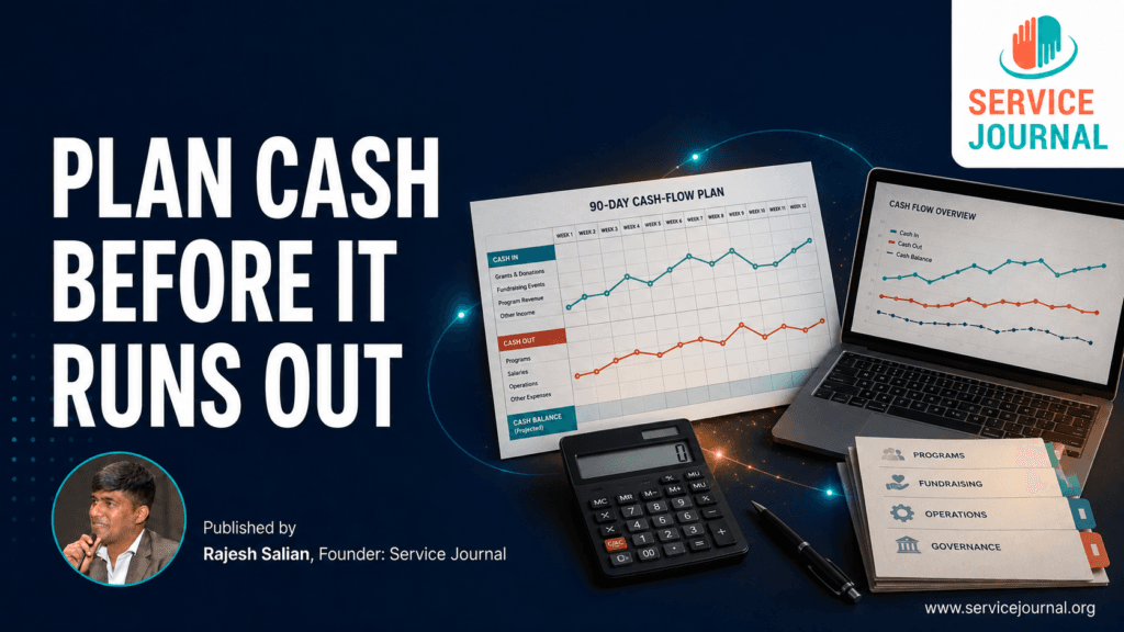 NGO 90-day cash-flow planning sheet, calculator and laptop showing projected income and expenses.