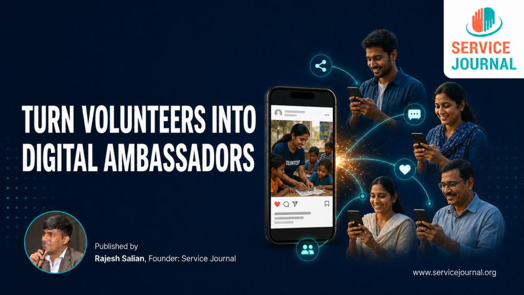 NGO volunteers sharing an approved impact post through smartphones as responsible digital ambassadors, with Service Journal branding.