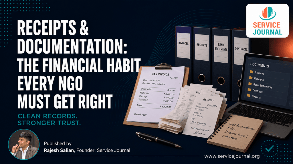 Organised NGO expense documents, receipts, invoices and digital financial records illustrating better documentation practices.